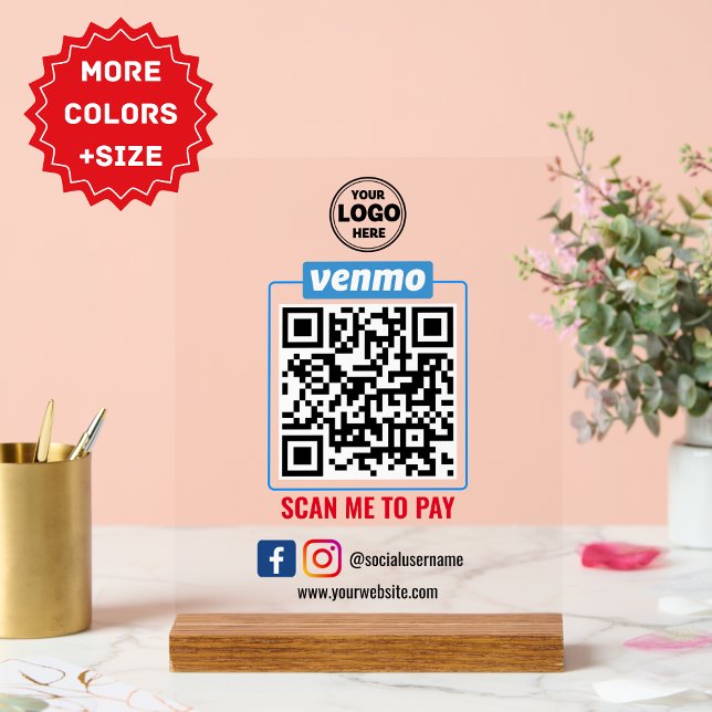 Venmo QR Code Payment | Wight Scan to Pay Business Acrylic Sign (Editable Scan to Pay Sign QR Code Sign Template)