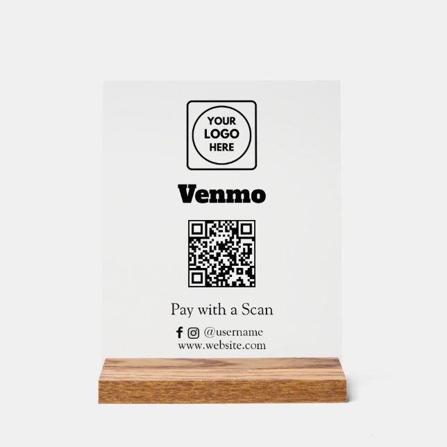 Venmo QR Code | Scan to Pay Custom Business Logo Acrylic Sign (Front)