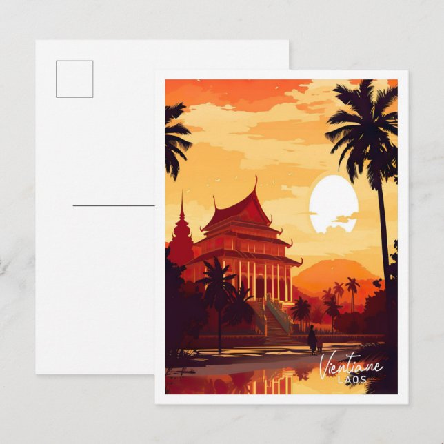 Ventiane Laos Art Vintage Travel Illustration Postcard (Front/Back)