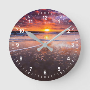 Ventura State Beach At Sunset Round Clock