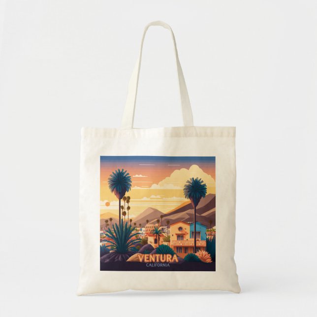 Ventura Sunset Mountains Southern California Retro Tote Bag (Front)
