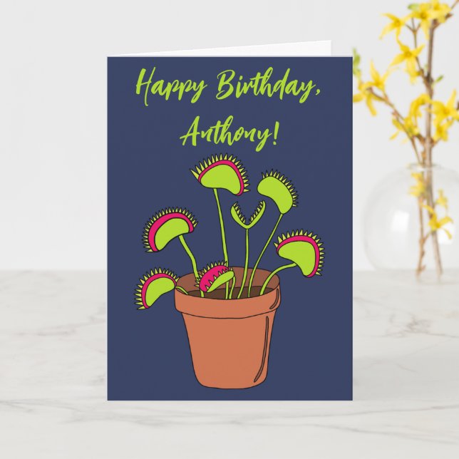 Venus Fly Trap Plant Illustration Personalised Card (Yellow Flower)
