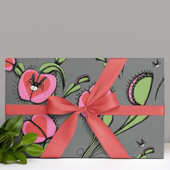 Venus Flytrap Plants and Buzzing Flies on Greys Wrapping Paper Sheet (Creator Uploaded)