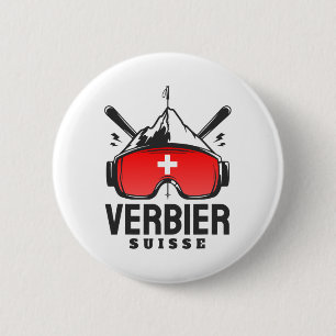 Verbier Switzerland Ski Resort Retro Skiing 6 Cm Round Badge