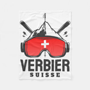 Verbier Switzerland Ski Resort Retro Skiing Fleece Blanket