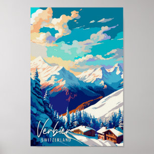 Verbier Switzerland vintage travel illustration Poster