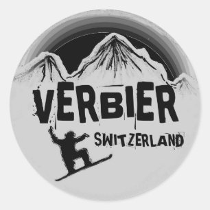 Verbier Switzerland white black snowboard stickers