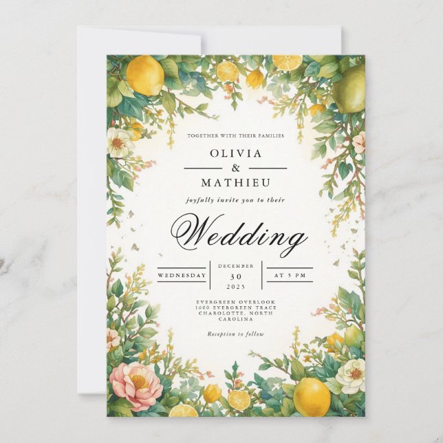 Verdant Citrus Blossom Arch Wedding Invitation (Front)