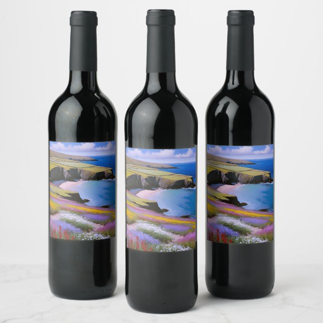 Verdant Cliffs and Azure Waves Wine Label (Bottles)