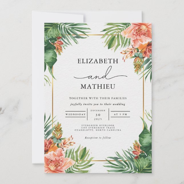 Verdant Palms & Coral Blooms Wedding Invitation (Front)