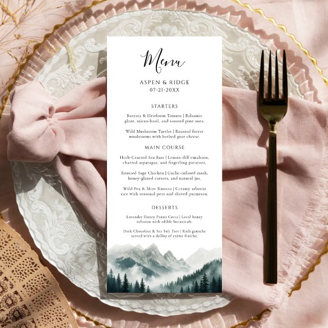 Verdant Peaks Misty Forest Watercolor Wedding Menu (Creator Uploaded)
