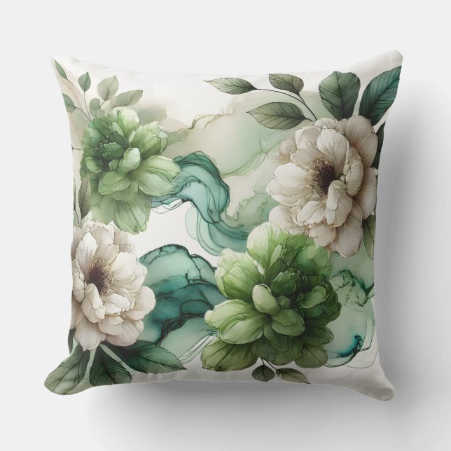 "Verdant Serenity: Abstract Green Floral Art" Cushion (Front)
