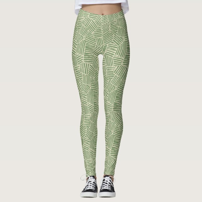 Verdant Woven Lines | Midcentury Modern Geometric  Leggings (Front)