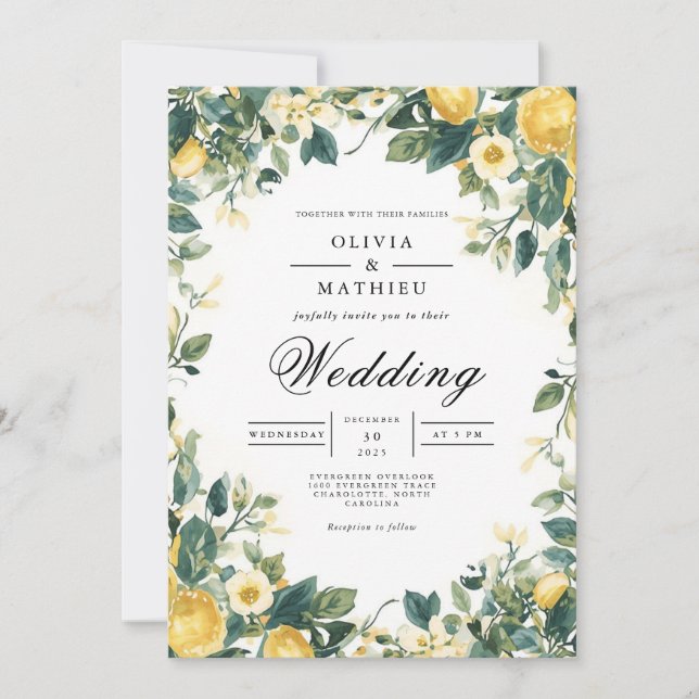 Verdant Yellow Bloom Botanical Wedding Invitation (Front)