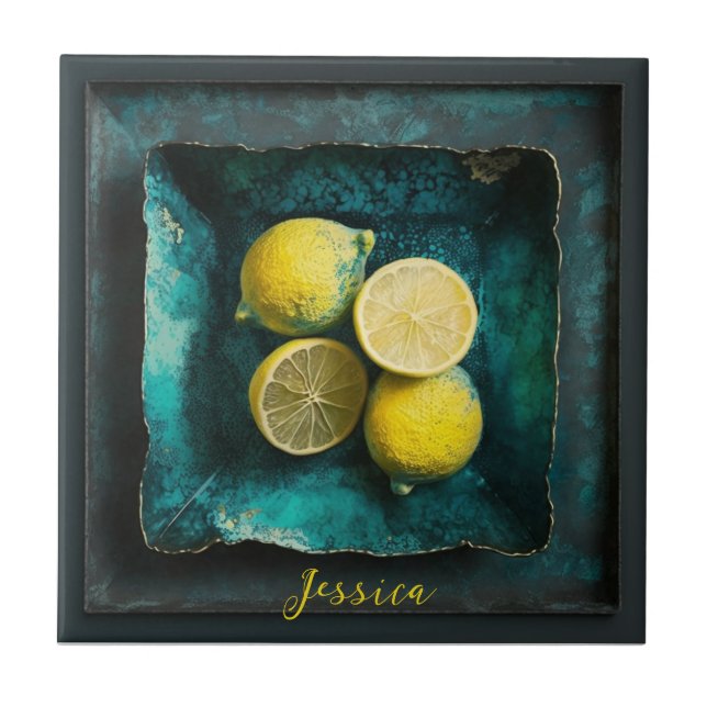 Verdigris and Lemons on a Square Plate    Tile (Front)