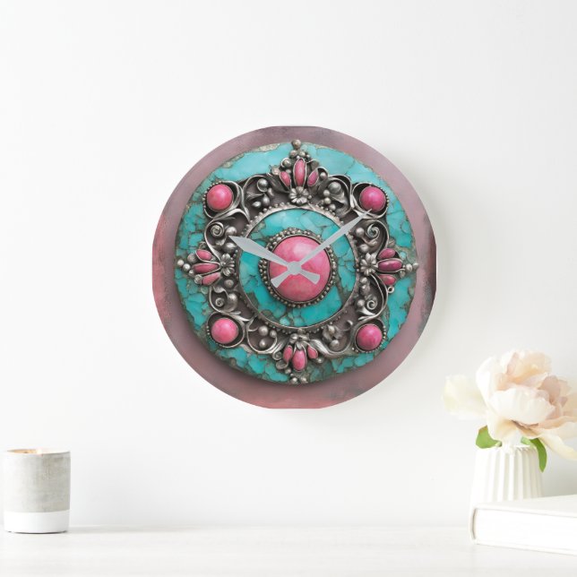 Verdigris and pink pearl metal art large clock (Home)