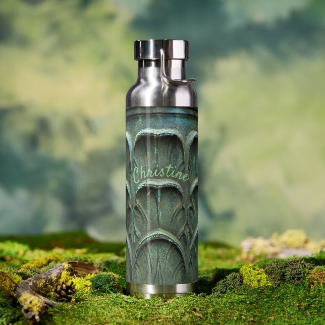 Verdigris Bronze Colour Leaf Pattern Custom Name T Water Bottle (Outdoor)