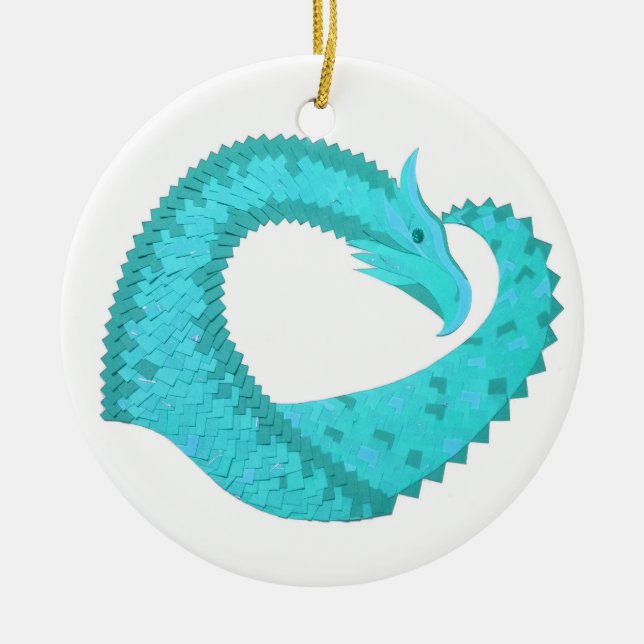 Verdigris heart dragon on white ceramic tree decoration (Front)