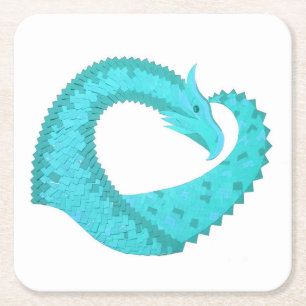 Verdigris heart dragon on white square paper coaster