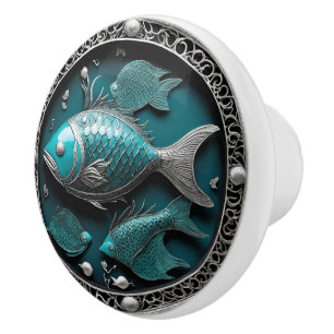 Verdigris & Silver Zodiac Pisces Metal Art Ceramic Knob