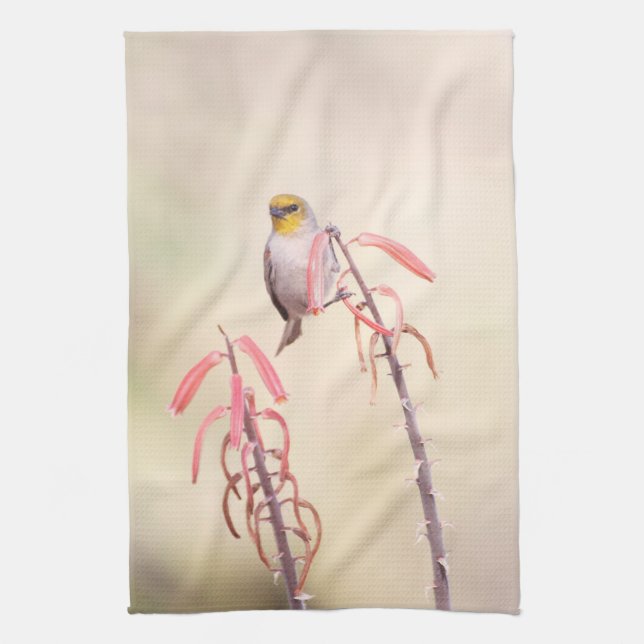 Verdin perched on penstemon tea towel (Vertical)