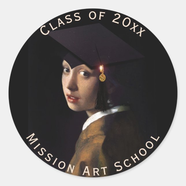 Vermeer Pearl Earring  Graduation Grad Cap Classic Round Sticker (Front)