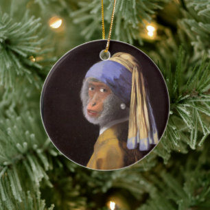 Vermeer Pearl Earring Monkey Chimp Ceramic Tree Decoration