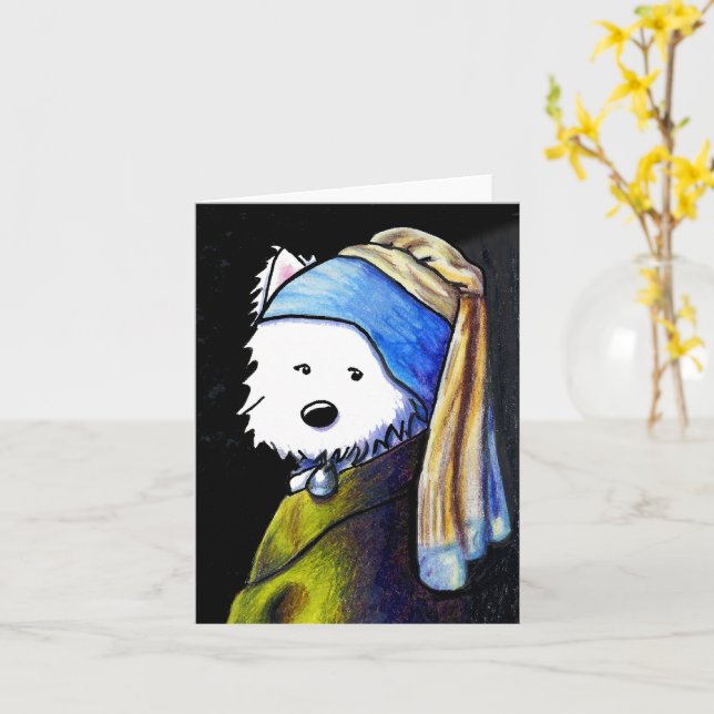 Vermeer Westie with Pearl Earring Note Card (Yellow Flower)