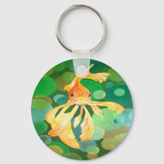 Vermilion Goldfish Swimming In Green Bubbles Key Ring