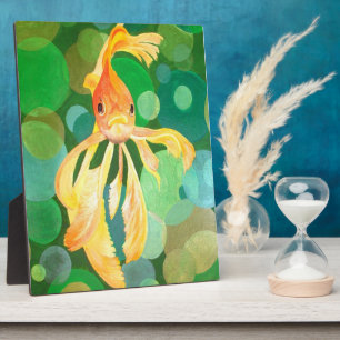 Vermilion Goldfish Swimming In Green Bubbles Plaque
