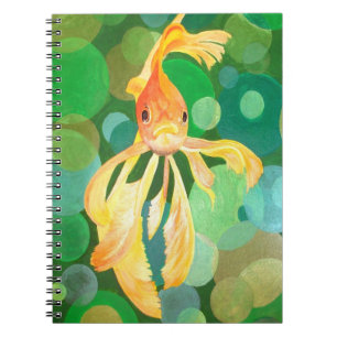 Vermilion Goldfish Swimming In Green Bubbles Spiral Notebook