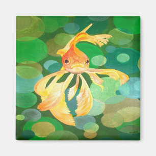 Vermilion Goldfish Swimming In Green Sea of Bubble Magnet