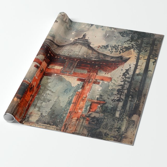 Vermilion Mountain Gate Ink Wash Wrapping Paper (Unrolled)