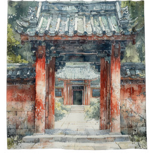 Vermilion Temple Gate Watercolor Ink (2) Shower Curtain