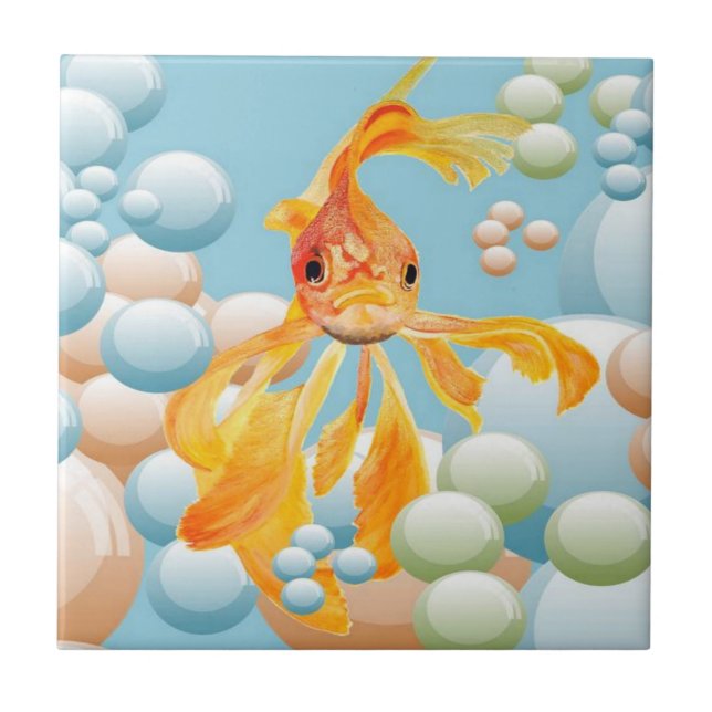 Vermillion Goldfish In Pastel Bubble Water Tile (Front)