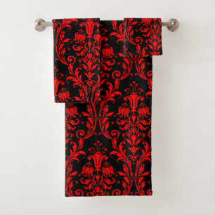 Vermillion Red Floral Damask On Black Bath Towel Set