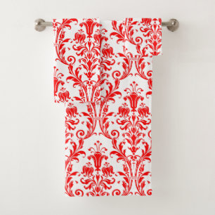 Vermillion Red Floral Damask On White Bath Towel Set