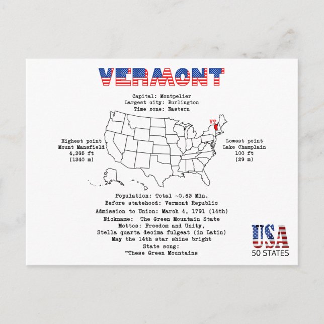 Vermont American state on a map and useful info Holiday Postcard (Front)