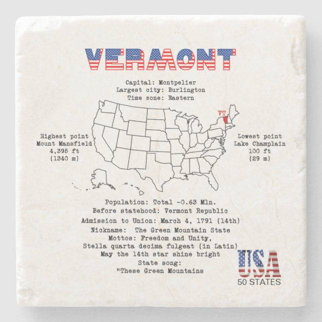 Vermont American state on a map and useful info Stone Coaster (Front)