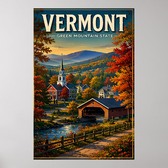 Vermont Autumn Mountains Covered Bridge Charm Poster (Front)