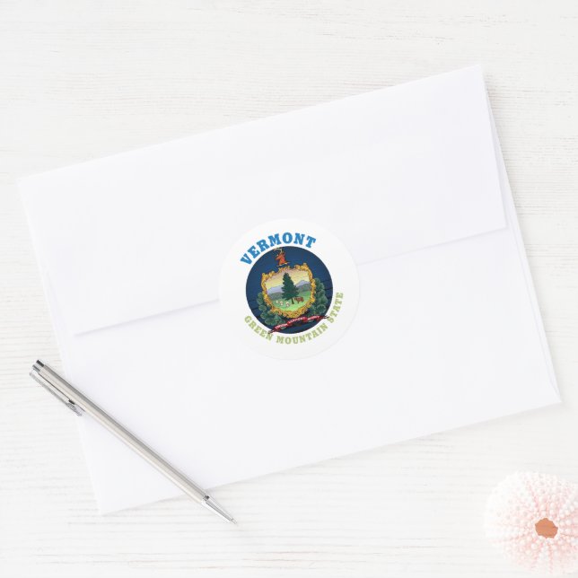 VERMONT GREEN MOUNTAIN STATE FLAG CLASSIC ROUND STICKER (Envelope)