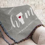 Vermont Home State Personalized Throw Blanket<br><div class="desc">Show some home state pride with this cute rustic gray throw blanket featuring "home" in white calligraphy script lettering with a silhouette map of the state of Vermont standing in for the letter "O." A red heart illustration inside the state map completes the design; you can change the position of...</div>