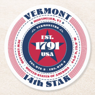 Vermont Red White Blue Typography Round Paper Coaster
