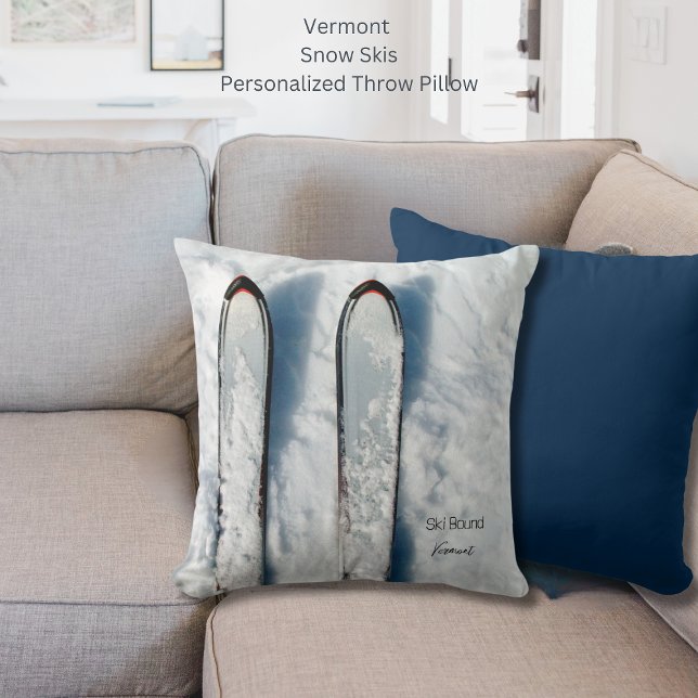 Vermont Snow Skis Throw Pillow (Vermont Snow Skis Personalized Throw Pillow)