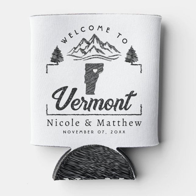 Vermont Wedding Welcome Minimalist Elegant Can Cooler (Front)