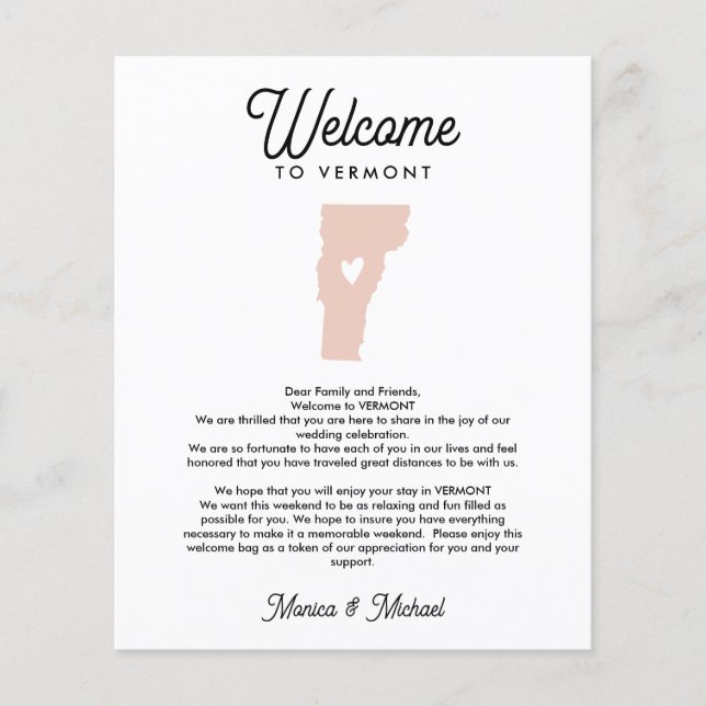 VERMONT  Welcome  Letter Itinerary ANY COLOR (Front)