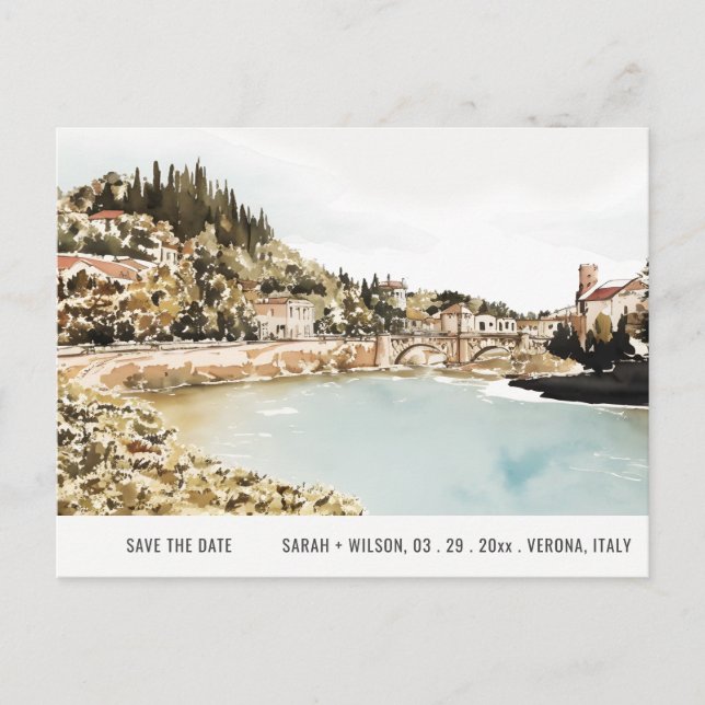 Verona Adige River Italy Watercolor Save The Date Postcard (Front)