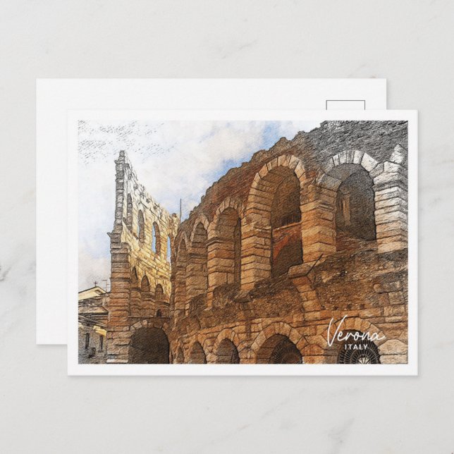 Verona Italy Beautiful Colour Pencil Landscape Postcard (Front/Back)
