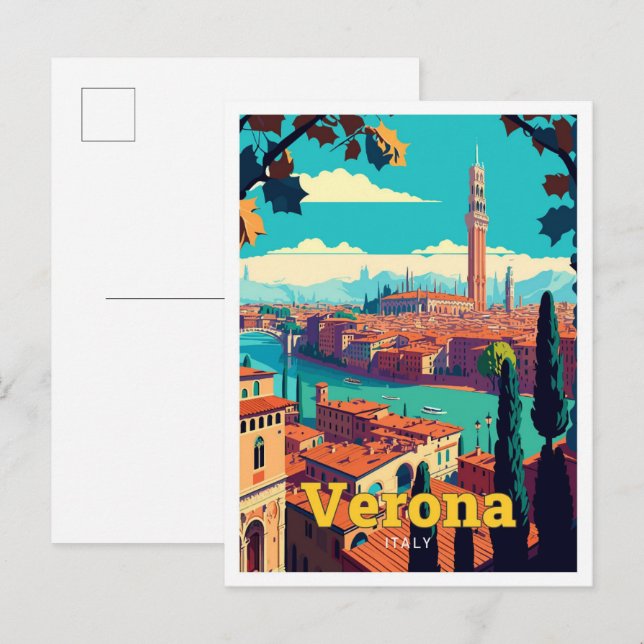 Verona Italy Travel Art Vintage Illustration Postcard (Front/Back)