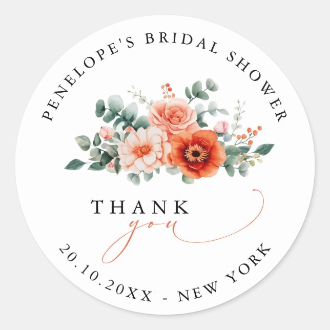 Verona Sunset Bright Orang Bridal shower thank you Classic Round Sticker (Front)